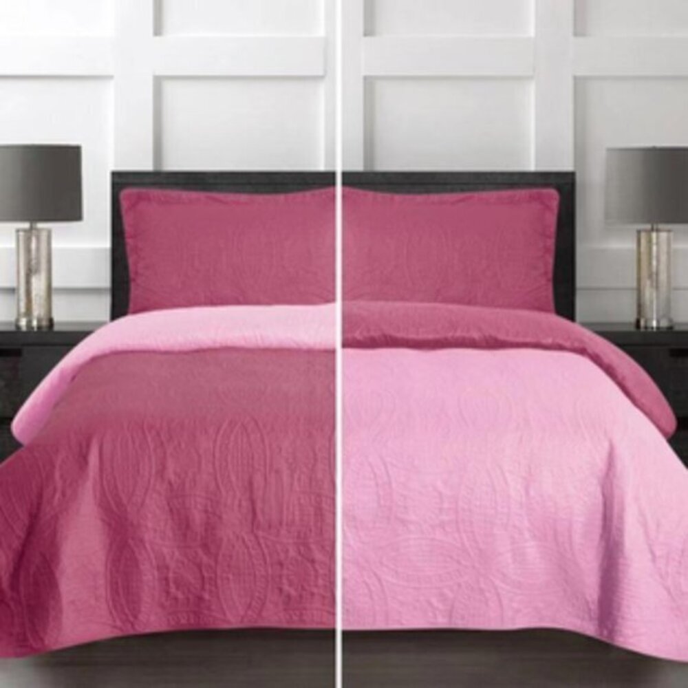 Stylishly Queen 3pc Quilt Set Reversible Burgundy and Pink Embossed Print